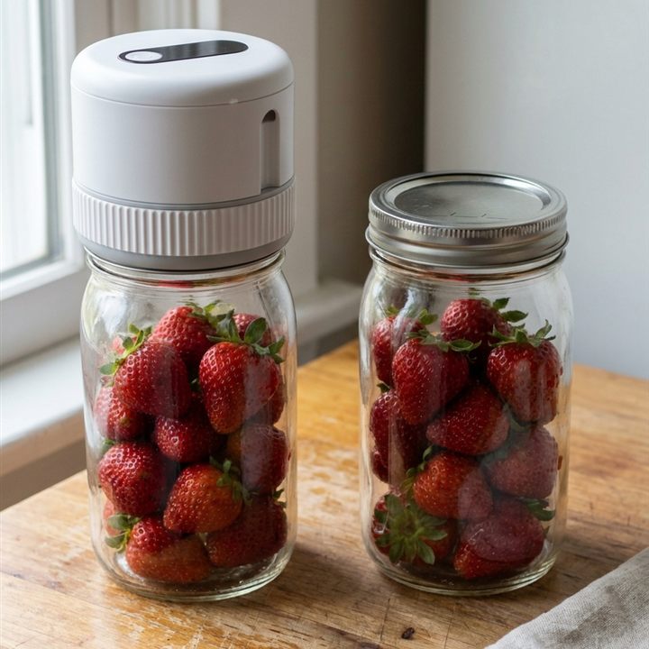 Day 1: strawberries sealed with ROKUME next to a jar with a normal lid