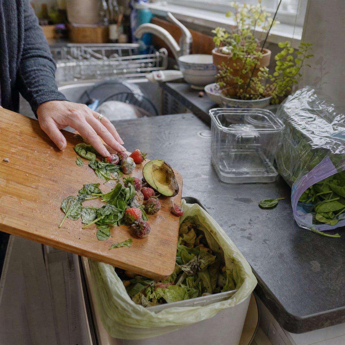 A hand scraping moldy strawberries, wilted spinach and a browned avocado off a cutting board into a kitchen bin