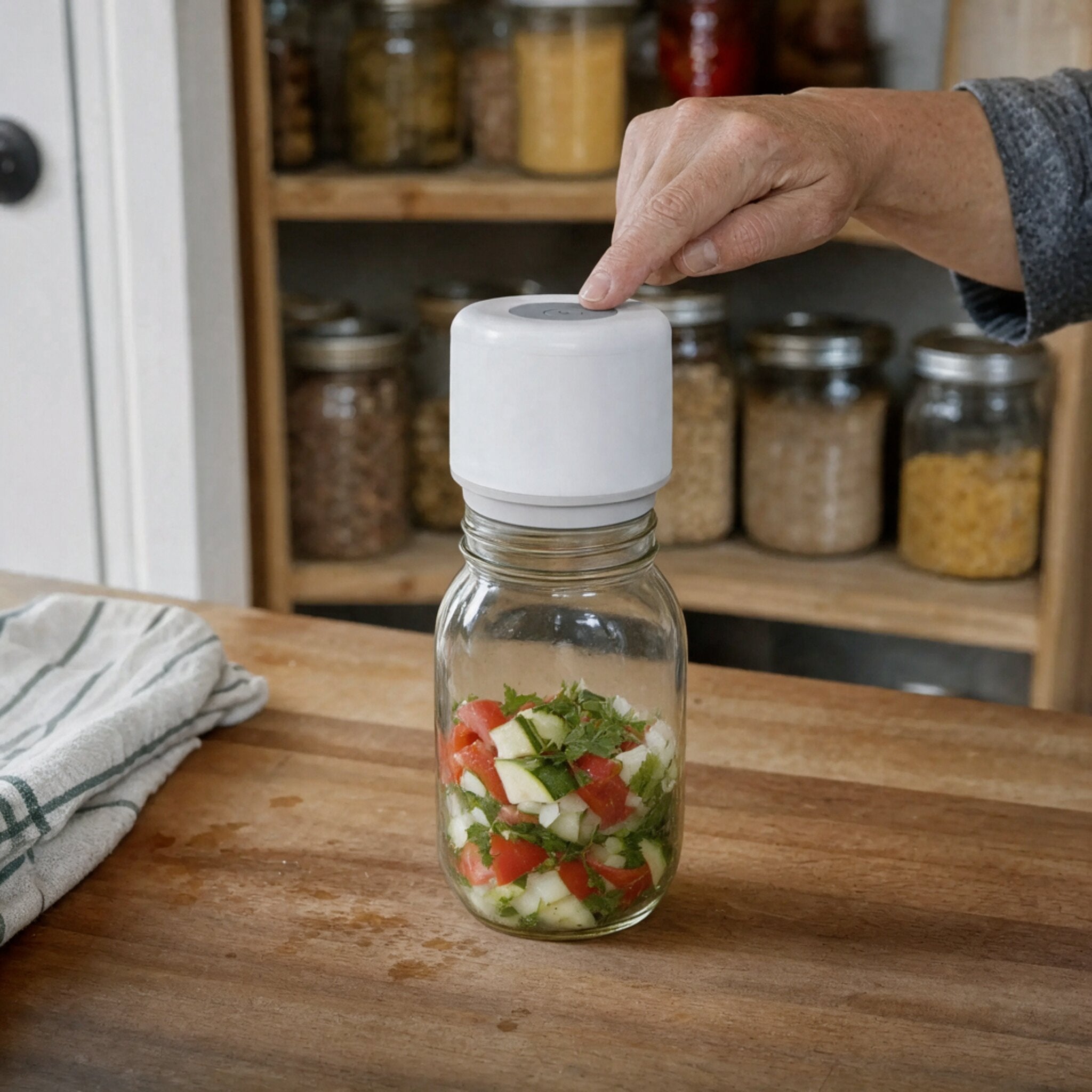 A hand pressing the button on a white ROKUME sealer fitted to a mason jar of chopped vegetables