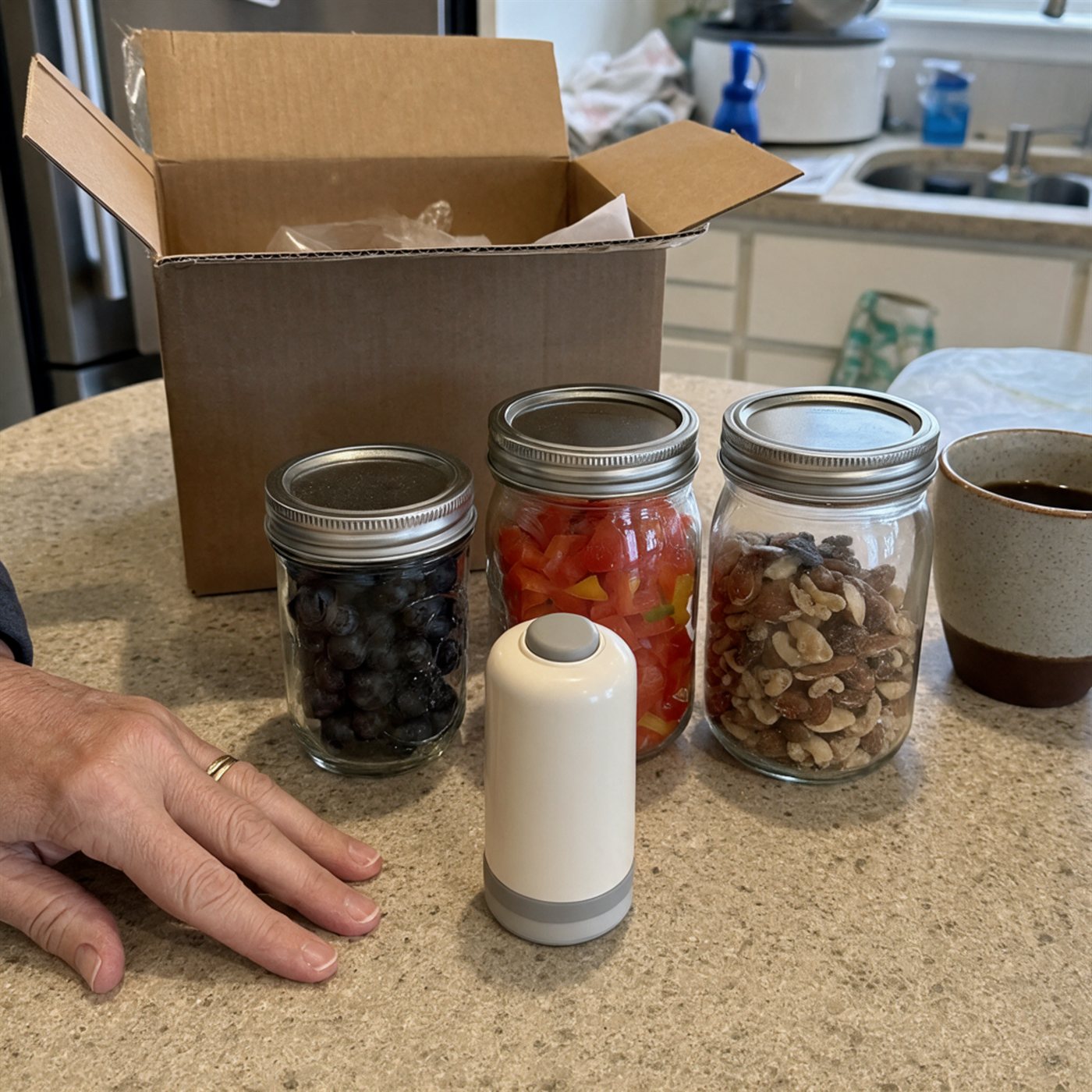An opened shipping box on a kitchen counter beside a white ROKUME sealer and three filled mason jars