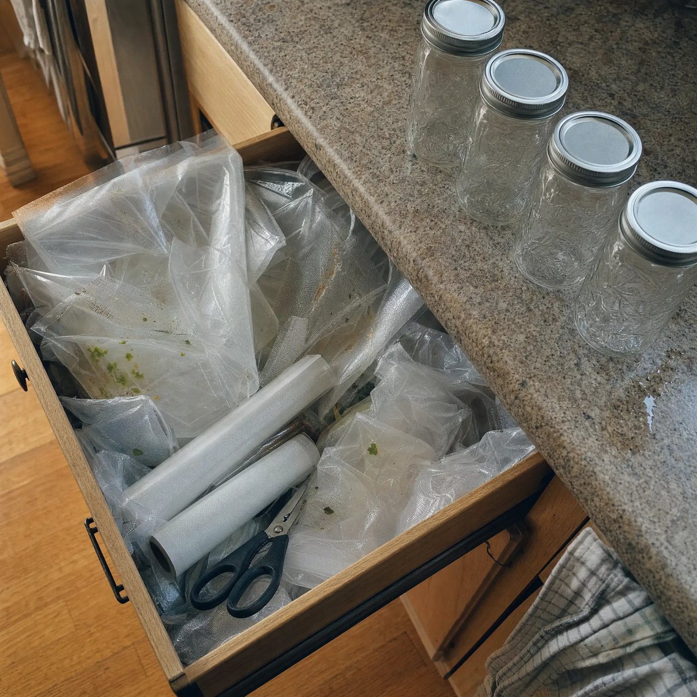 An open kitchen drawer stuffed with used vacuum sealer bags, next to a row of clean mason jars on the counter