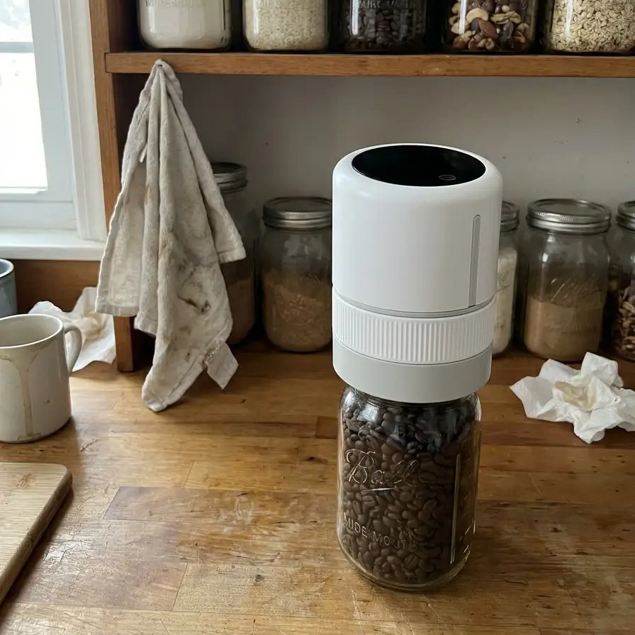 The ROKUME sealer on a mason jar of coffee beans in a pantry