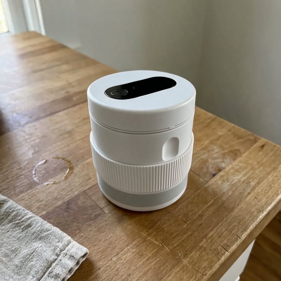 The white ROKUME mason jar vacuum sealer on a wooden table