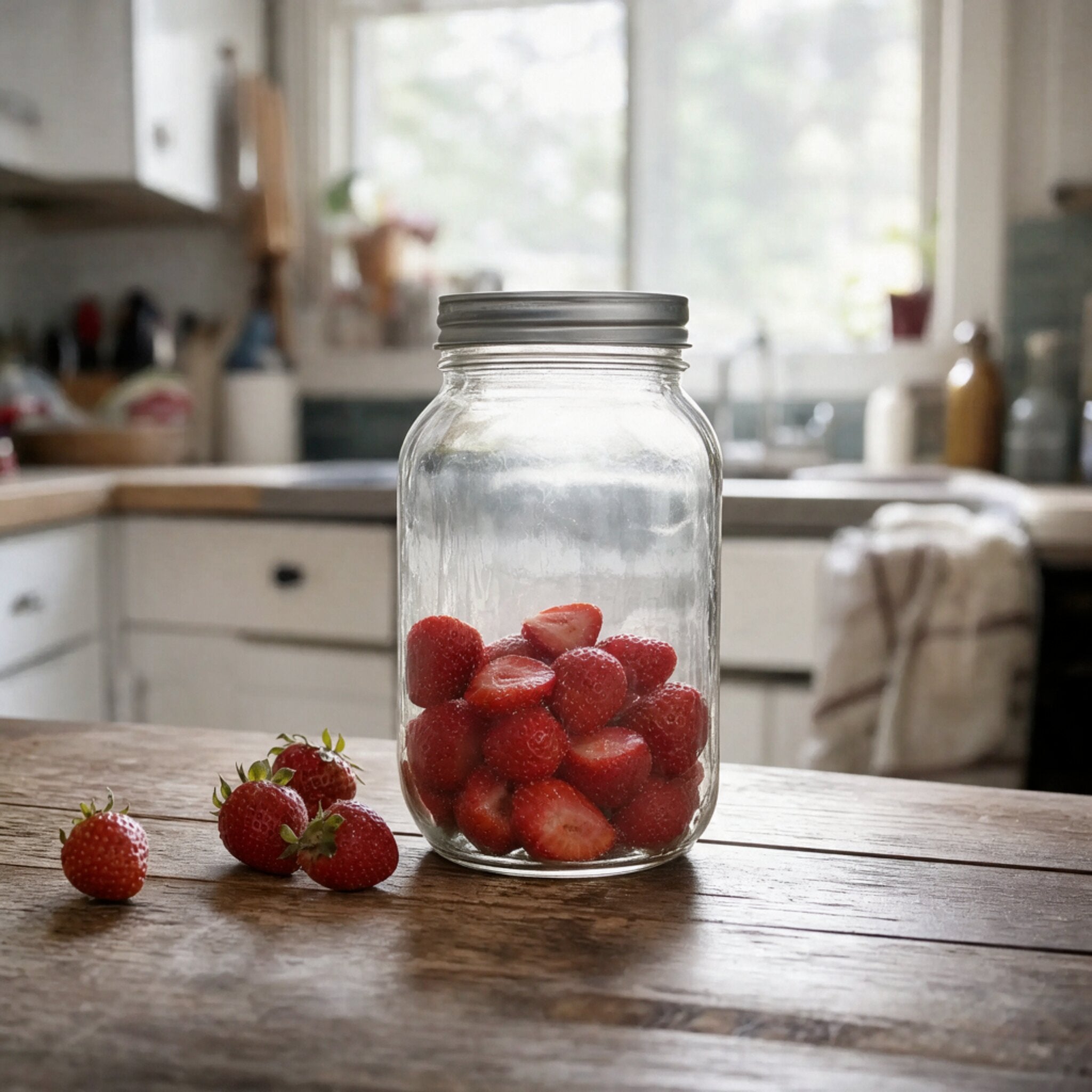 A mason jar half full of strawberries, with the empty space above them lit by window light